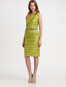 This artfully constructed taffeta style is banded with a glamorous beaded waistband.Asymmetrical necklineSleevelessBeaded waistbandAllover ruchingBack ventConcealed side zipFully linedAbout 25 from natural waistAcetateDry cleanImportedModel shown is 5'11 (180cm) wearing US size 4. This artfully constructed taffeta style is banded with a glamorous beaded waistband.Asymmetrical necklineSleevelessBeaded waistbandAllover ruchingBack ventConcealed side zipFully linedAbout 25 from natural waistAcetateDry cleanImportedModel shown is 5'11 (180cm) wearing US size 4.