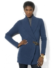 Infused with chic heritage style, Lauren Ralph Lauren's essential cardigan is elegantly knit in a soft cotton blend with an equestrian-inspired buckle and a classic shawl collar. Infused with chic heritage style, Lauren Ralph Lauren's essential cardigan is elegantly knit in a soft cotton blend with an equestrian-inspired buckle and a classic shawl collar.