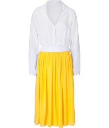 Luxe dress in fine, pure silk - Soft, lightweight material drapes like a dream - Fashionably colorblocked in white and yellow with an elegant, matte sheen - Slightly billowed, button down top with v-neck, long sleeves and chest pockets - On-trend, gently pleated calf length skirt zips at side - Flattering slim silhouette tapers at waist - Elegant and ultra-chic, seamlessly transitions from work to weekend - Pair with peep toe pumps, wedges or sandals