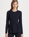 Finished with a sophisticated peplum hem, this stretchy crewneck has intricate stitching that forms a bodice-like silhouette. CrewneckLong sleevesPeplum hemInvisible back zipper72% viscose/23% polyamide/5% elastaneDry cleanImported of Italian fabricModel shown is 5'10 (177cm) wearing US size 2.