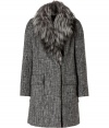 Ultra luxurious with a chic modern cut, Paule Kas fox fur collar coat is an elegant choice guaranteed to elevate your outfit - Tonal grey removable fox fur shawl collar, long sleeves, patch pockets, double-breasted snapped front, quilted lining - Softly fitted, straight silhouette - Team with sleek leather accessories and statement handbags