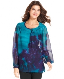 A dramatic bloom print awakens Jones New York Signature's simple peasant top. Pair it with a tank top and jeans for a no-fuss ensemble. A dramatic bloom print awakens Jones New York Signature's simple peasant top. Pair it with a tank top and jeans for a no-fuss ensemble.