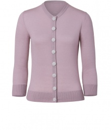 Button-up sweet sophistication in LWren Scotts impossibly feminine lavender cashmere shrunken cardigan - Rounded neckline, 3/4 sleeves, fine ribbed trim, grey velvet button-down front - Feminine slim fit - Team with sleek separates for work, or dress up with pretty cocktail dresses and a dusting of sparkly fine jewelry