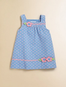 A precious corduroy, A-line design with polka dots, ric-rac trim and flower appliqués for your little fashionista.SquareneckShoulder straps with back button closurePleated bodiceCottonMachine washImported A precious corduroy, A-line design with polka dots, ric-rac trim and flower appliqués for your little fashionista.SquareneckShoulder straps with back button closurePleated bodiceCottonMachine washImported