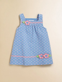 A precious corduroy, A-line design with polka dots, ric-rac trim and flower appliqués for your little fashionista.SquareneckShoulder straps with back button closurePleated bodiceCottonMachine washImported