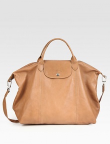 A supple leather rendition of the ever-popular nylon design with versatile detachable strap.Double top handles, 4½ dropDetachable shoulder strap, 17½ dropTop zip closure with magnetic snap flapOne inside zip pocketTwo inside open pocketsFully lined10W X 9H X 6¼DImported