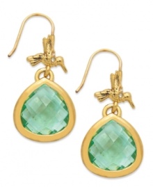 Fashion that moves fast. These teardrop earrings from Juicy Couture soar with a hummingbird accent, flying atop a faceted green glass teardrop. Crafted in 14k gold-plated mixed metal. Approximate drop: 1-1/4 inches.