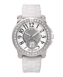 Show your pedigree and layer on the sparkling crystals with Juicy Couture's watch. White jelly strap and round stainless steel case. Bezel crystallized with Swarovski elements. Textured white dial features an inner dial of Swarovski crystals ringed by the phrase Time for Couture, black numerals, crystal-accented subdial at six o'clock and logo. Quartz movement. Water resistant to 30 meters. Two-year limited warranty.