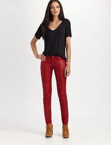 Ultra-chic faux leather skims the body for a look that's ready to take you out on the town.THE FITSlim fitRise, about 8Inseam, about 31THE DETAILSZip flyFive-pocket style80% cotton15% modal/5% polyurethaneMachine washMade in USA of imported fabric Ultra-chic faux leather skims the body for a look that's ready to take you out on the town.THE FITSlim fitRise, about 8Inseam, about 31THE DETAILSZip flyFive-pocket style80% cotton15% modal/5% polyurethaneMachine washMade in USA of imported fabric