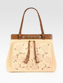 Floral detailing adds a touch of romance to this straw carryall finished with braided vitello leather trim and woven handles.Double top handles, 8¼ dropPush-lock closureOne outside zip pocketProtective metal feetTwo inner compartmentsOne inside zip pocketTwo inside open pocketsCotton lining14½W X 11½H X 5DMade in Italy
