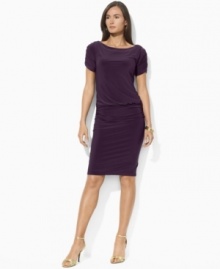 Chic ruching at the sleeves and sides of Lauren Ralph Lauren's sleek matte jersey dress create a figure-flattering look that's imbued with elegance.