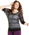 Flaunt your sassy side with Eyeshadow's elbow sleeve plus size top, crafted from sheer lace.