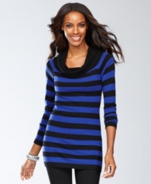 A touch of cashmere knit into the fabric gives INC's tunic sweater an extra-soft, totally luxurious feel. Bold stripes offset the draped cowl neckline for a unique mix of preppy and pretty.