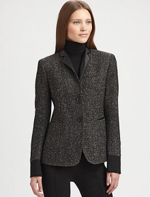 Contrast cuffs and collar add a modern edge to this tailored tweed jacket. Notched lapelsButton frontBanded cuffsWelt pocketsFaux leather trimAbout 27 from shoulder to hem91% wool/9% polyamideDry cleanImportedModel shown is 5'11 (180cm) wearing US size 4. Contrast cuffs and collar add a modern edge to this tailored tweed jacket. Notched lapelsButton frontBanded cuffsWelt pocketsFaux leather trimAbout 27 from shoulder to hem91% wool/9% polyamideDry cleanImportedModel shown is 5'11 (180cm) wearing US size 4.