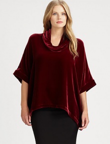 Not only is this velvet top elegant, but it's also machine washable. This design is guaranteed to be one of your favorites this season.CowlneckElbow-length sleevesHandkerchief hemPull-on styleAbout 26 from shoulder to hemRayon/silkMachine washImported