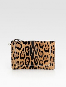 A smooth leather zipper accent is the perfect finishing touch on this ultra-chic compact shape of leopard-printed pony hair. Top zip closure with leather pullCotton lining11½W X 7½H X ½DImported A smooth leather zipper accent is the perfect finishing touch on this ultra-chic compact shape of leopard-printed pony hair. Top zip closure with leather pullCotton lining11½W X 7½H X ½DImported