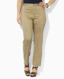 Fashioned from easy stretch cotton twill, these plus size Lauren by Ralph Lauren pants are cut with a straight leg for polished, casual style.