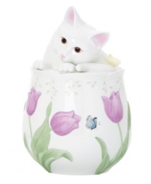 Begging for treats, this adorable kitten cookie jar adds whimsical charm to your kitchen. A yellow butterfly rests on Kitty's tail while raised tulips bloom and stretch against crisp white porcelain. Qualifies for Rebate Begging for treats, this adorable kitten cookie jar adds whimsical charm to your kitchen. A yellow butterfly rests on Kitty's tail while raised tulips bloom and stretch against crisp white porcelain. Qualifies for Rebate