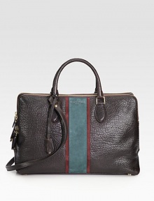 Supple pebbled leather with a dual tone suede stripe and versatile detachable strap.Double top handles, 4½ dropDetachable shoulder strap, 17½ dropTop zip closureProtective metal feetThree inner zip compartmentsTwo inside open pocketsLeather lining15W X 9½H X 6DMade in Italy Supple pebbled leather with a dual tone suede stripe and versatile detachable strap.Double top handles, 4½ dropDetachable shoulder strap, 17½ dropTop zip closureProtective metal feetThree inner zip compartmentsTwo inside open pocketsLeather lining15W X 9½H X 6DMade in Italy