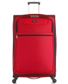 Your ticket to a smooth ride. Four, multi-directional spinner wheels take direction and go, gliding this ultra light bag with ease and turning corners at the flick of the wrist. A durable construction, with rubberized, textured corner protectors to guard against extra wear and tear, features multiple interior and exterior pockets, along with a deep, expandable main compartment with compression straps for wrinkle-free arrivals. 10-year warranty. Your ticket to a smooth ride. Four, multi-directional spinner wheels take direction and go, gliding this ultra light bag with ease and turning corners at the flick of the wrist. A durable construction, with rubberized, textured corner protectors to guard against extra wear and tear, features multiple interior and exterior pockets, along with a deep, expandable main compartment with compression straps for wrinkle-free arrivals. 10-year warranty.
