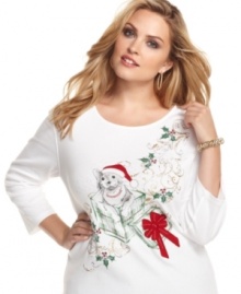 Makes the holiday bright with Karen Scott's adorable plus size tee, adorned with a playful kitty and plenty of presents.