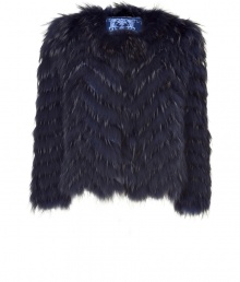 Standout in style with this cropped midnight blue fur jacket from Versace - Round neck, concealed front placket, three-quarter sleeves, chevron striped raccoon fur, cropped silhouette - Style with a slink cocktail sheath and statement heels