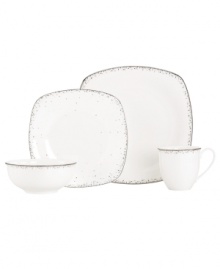 Forecast modern whimsy at meal time with Lenox dinnerware. The dishes feature shimmering droplets that trickle in from the platinum-banded edges of white bone china. The Silver Mist place settings come in soft square and coupe designs to shape up casual tables. Qualifies for Rebate Forecast modern whimsy at meal time with Lenox dinnerware. The dishes feature shimmering droplets that trickle in from the platinum-banded edges of white bone china. The Silver Mist place settings come in soft square and coupe designs to shape up casual tables. Qualifies for Rebate