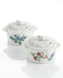 The whimsical butterflies and blooms of Butterfly Meadow dinnerware grace these mini casseroles, an irresistible way to serve piping-hot sides. With scalloped edges and figural birds in white porcelain. The whimsical butterflies and blooms of Butterfly Meadow dinnerware grace these mini casseroles, an irresistible way to serve piping-hot sides. With scalloped edges and figural birds in white porcelain.