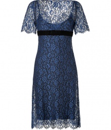 Take on this seasons love for everything lace with Collette Dinnigans soft blue cocktail sheath, detailed with a black velvet flat bow sash for that romantic, feminine feel - V-neckline, short sleeves, scalloped trim, hidden side zip, adjustable sash with hidden snap and hook closures, stretch black slip lining with adjustable spaghetti straps - Fitted, empire waistline, falls to the knee - Team with platform peep-toes and a statement metallic clutch