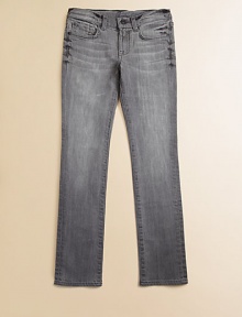 On trend this season, grey jeans featuring a classic, five-pocket design and dark stitching.Button closureZip flyFront whiskeringFive-pocket styleBelt loopsMetal rivet details Topstitching98% cotton/2% spandexMachine washImported On trend this season, grey jeans featuring a classic, five-pocket design and dark stitching.Button closureZip flyFront whiskeringFive-pocket styleBelt loopsMetal rivet details Topstitching98% cotton/2% spandexMachine washImported
