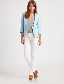 Featherweight linen in a cropped and fitted silhouette, nipped at the waist and tailored with a sharp peaked collar.Three-quarter sleevesSingle button closureBodice dartsWelt pocketsFlap hip pocketsDouble back ventAbout 26 from shoulder to hemLinenDry cleanImported of Italian fabricModel shown is 5'8½ (174cm) wearing US size 4. Featherweight linen in a cropped and fitted silhouette, nipped at the waist and tailored with a sharp peaked collar.Three-quarter sleevesSingle button closureBodice dartsWelt pocketsFlap hip pocketsDouble back ventAbout 26 from shoulder to hemLinenDry cleanImported of Italian fabricModel shown is 5'8½ (174cm) wearing US size 4.