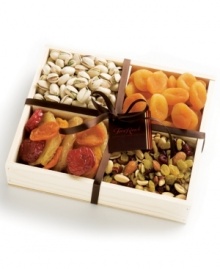 Surprise someone special with this Mendocino gift set exclusively from Torn Ranch. This collection features Turkish apricots, berry blossom trail mix, mixed fancy fruit with large ruby red plums, and California pistachios all set in a natural wooden serving tray.