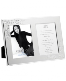Crafted of brilliant silver plate with raised floral accents, the Vera Lace Bouquet double invitation frame from Vera Wang Wedgwood showcases a favorite wedding photo and invitation with extraordinary grace. Crafted of brilliant silver plate with raised floral accents, the Vera Lace Bouquet double invitation frame from Vera Wang Wedgwood showcases a favorite wedding photo and invitation with extraordinary grace.