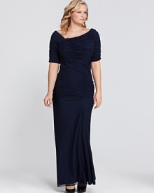 Stop a room in this classically elegant gown from Tadashi Shoji Plus. Unique ruching on the bodice lend a flattering finish.