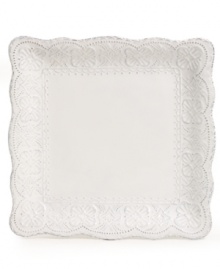 More than charming, the Blanc Elisabeth square dinner plate from Versailles Maison incorporates a scalloped edge, floral medallions and soft white finish to perfect vintage-style settings. More than charming, the Blanc Elisabeth square dinner plate from Versailles Maison incorporates a scalloped edge, floral medallions and soft white finish to perfect vintage-style settings.