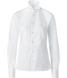 Luxurious blouse made of fine white cotton - A modern classic that always looks exclusive, yet fashionable at the same time - New: the stylish tuxedo collar - The cut is slim fitted, with a button placket and long sleeves - A dream of a basic for business and evening events - Wear under a suit, pencil skirt, tuxedo pants