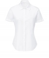 Inject high style to your workweek staples with this streamlined iteration of the classic white blouse from Theory - Spread collar, short sleeved, concealed front button placket, rounded hem, fitted silhouette - Style with a pencil skirt, a cashmere cardigan, and classic pumps