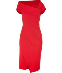 Detailed in shocking red with a contemporary asymmetrical cut, this structured jersey dress from Donna Karan gives day and evening looks alike an ultra glamorous edge - Asymmetrical neckline and cap sleeves, diagonal seaming, hidden side zip, diagonal front slit - Form-fitting - Wear with sparkly fine jewelry and sleek pointy toe pumps