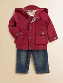 A casual, lightweight topper with hood and chin belt sure to keep baby warm and dry.Hidden front zipper with snap placket Front patch pockets Snap-button tabs at sleeve hem Comes with zippered pouch Fully lined Polyester Machine wash Imported A casual, lightweight topper with hood and chin belt sure to keep baby warm and dry.Hidden front zipper with snap placket Front patch pockets Snap-button tabs at sleeve hem Comes with zippered pouch Fully lined Polyester Machine wash Imported