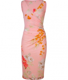 Luxe sheath dress in fine, 100% pure jersey silk - Elegant in peach, lush floral motif in shades of orange, red and khaki - Sleeveless, curve-hugging silhouette with deep V wrap top - Asymmetric gather drape detail at hips, fitted skirt hits above the knee - Floral trim at hem, contrast piping at neckline - Polished to perfection, a knockout for day or evening - Pair with a cardigan and ballet flats or dress up with strappy heels and a clutch