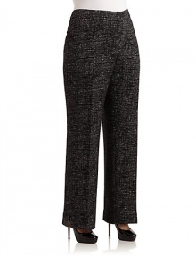 THE LOOKAllover tweed constructionBanded waistZip fly with slide tab closureWide leg silhouetteTHE FITRise, about 10 Inseam, about 34THE MATERIALWool/cottonCARE & ORIGINDry cleanImported