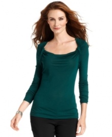 T Tahari elevates this cowlneck top with a pretty twist detail at each shoulder. T Tahari elevates this cowlneck top with a pretty twist detail at each shoulder.
