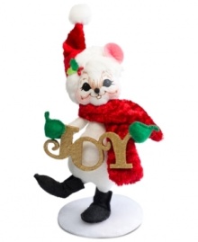 A very merry mouse says it all, wearing a velvety red scarf and Santa hat in Annalee's festively crafted Joy to the World figurine. A very merry mouse says it all, wearing a velvety red scarf and Santa hat in Annalee's festively crafted Joy to the World figurine.