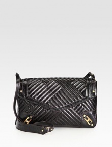 This supple leather style features a graphic topstitched pattern and goldtone hardware.Shoulder strap, 19 dropSnap button flap closureOne outside open pocketOne inside zip pocketTwo inside open pocketsCotton lining11½W X 7H X 2DImported This supple leather style features a graphic topstitched pattern and goldtone hardware.Shoulder strap, 19 dropSnap button flap closureOne outside open pocketOne inside zip pocketTwo inside open pocketsCotton lining11½W X 7H X 2DImported