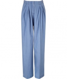 Edgy-cool light blue wide leg pants from See by Chloe - These pleat front pants bring downtown-ready style to refined daywear - High-waisted, pleated front detail, wide leg, back button tab detail - Wear with a form-fitting pullover, A-line wool coat, and lace up platform booties