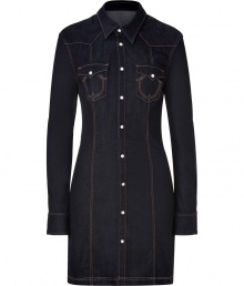 Work a Western edge into you contemporary casual looks with True Religions figure-hugging stretch denim dress - Pointed collar, long sleeves, snapped cuffs, snapped front and flap pockets, contrast stitching - Form-fitting - Team with leather boots and fun statement totes Work a Western edge into you contemporary casual looks with True Religions figure-hugging stretch denim dress - Pointed collar, long sleeves, snapped cuffs, snapped front and flap pockets, contrast stitching - Form-fitting - Team with leather boots and fun statement totes