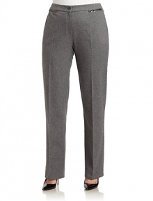 THE LOOKBanded waistPewter-tone chain link detailZip fly with button closureCreased front and back legsTHE FITRise, about 11Inseam, about 36THE MATERIAL72% fleece wool/26% polyamide/2% elastaneCARE & ORIGINDry cleanImported