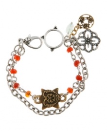 Beautiful bloom. Add a touch of springtime style to your look year-round on this lovely layered bracelet from Lucky Brand. Detailed with semiprecious stones (including white jade) and glittering glass accents, it's crafted in silver tone mixed metal. Approximate length: 7-6/10 inches.