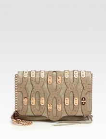 A unique flap silhouette of rich leather, layered with ostrich-stamped cut-outs and finished with polished hardware.Leather and chain shoulder strap, 17 dropFlap snap closureOne outside snap pocketOne outside zip pocket under flapOne inside zip pocketThree inside open pocketsCotton lining11W X 7½H X 1DImported A unique flap silhouette of rich leather, layered with ostrich-stamped cut-outs and finished with polished hardware.Leather and chain shoulder strap, 17 dropFlap snap closureOne outside snap pocketOne outside zip pocket under flapOne inside zip pocketThree inside open pocketsCotton lining11W X 7½H X 1DImported