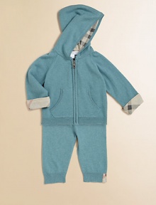A precious set for baby crafted from the finest blend of cashmere and cotton with classic check lining for comfy, cozy style. Hoodie Attached hoodLong raglan sleeves with check-lined cuffsFull-zip frontSplit kangaroo pockets Pants Elastic waistband50% cashmere/50% cottonDry cleanImported A precious set for baby crafted from the finest blend of cashmere and cotton with classic check lining for comfy, cozy style. Hoodie Attached hoodLong raglan sleeves with check-lined cuffsFull-zip frontSplit kangaroo pockets Pants Elastic waistband50% cashmere/50% cottonDry cleanImported